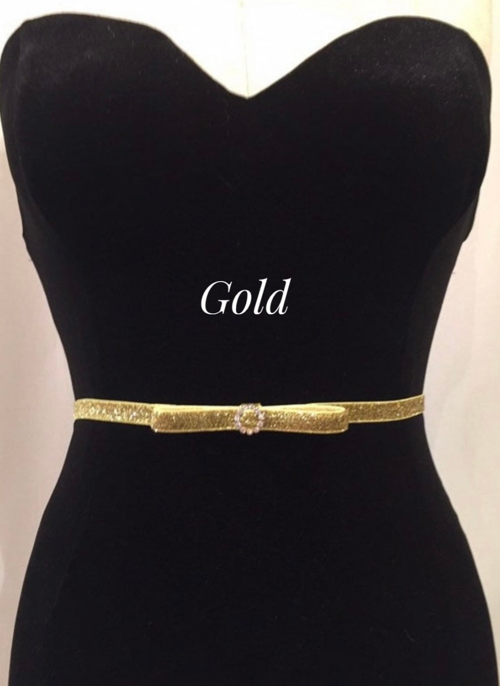 Gold Shimmer Bow Belt, 3/8” Skinny Rhinestone Bridal Stretch Belt