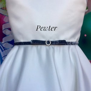 Pewter Holiday Party Bow Belt, 3/8” Skinny Rhinestone Bridal Stretch Belt, Thin Dress Belt Wedding, Skinny Elastic belt, Bridesmaid Belt.