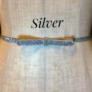 Silver Holiday Party Bow Belt, 3/8” Bridesmaid Stretch Belt, Skinny Bow Belt Wedding, Skinny Elastic belt, Bridesmaid Belt Sash Belt.