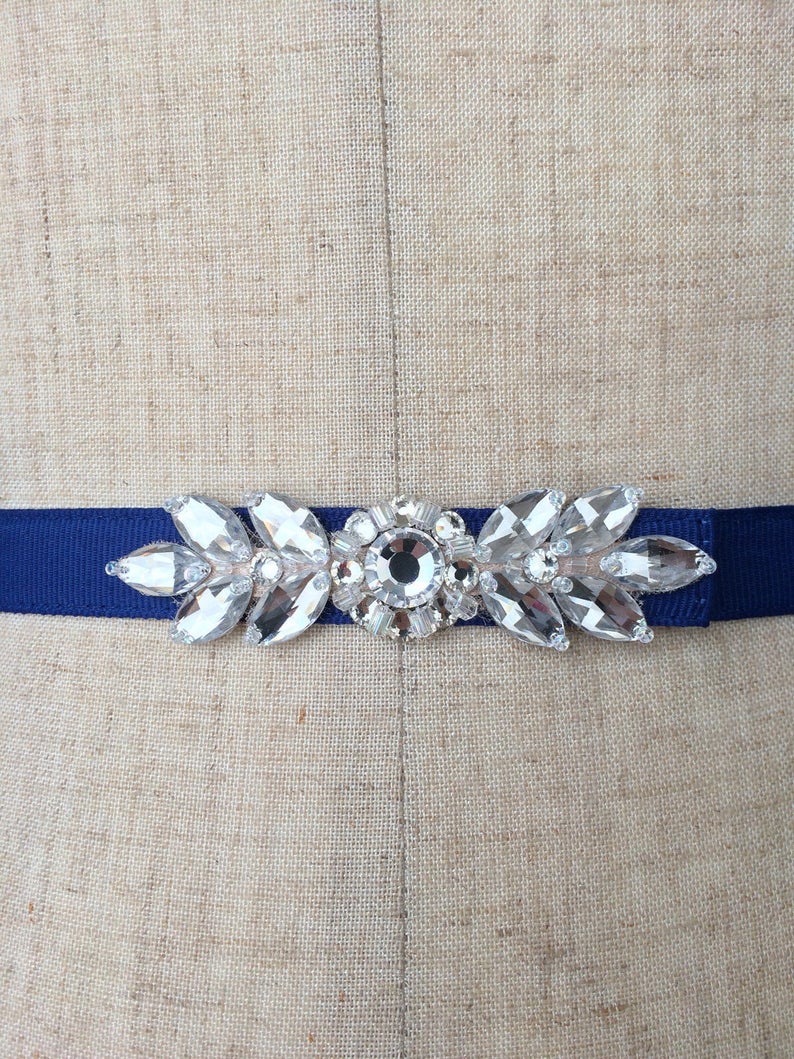 Blue Rhinestone Belt BRIDAL Skinny Beltgrosgrain Bridesmaid Etsy