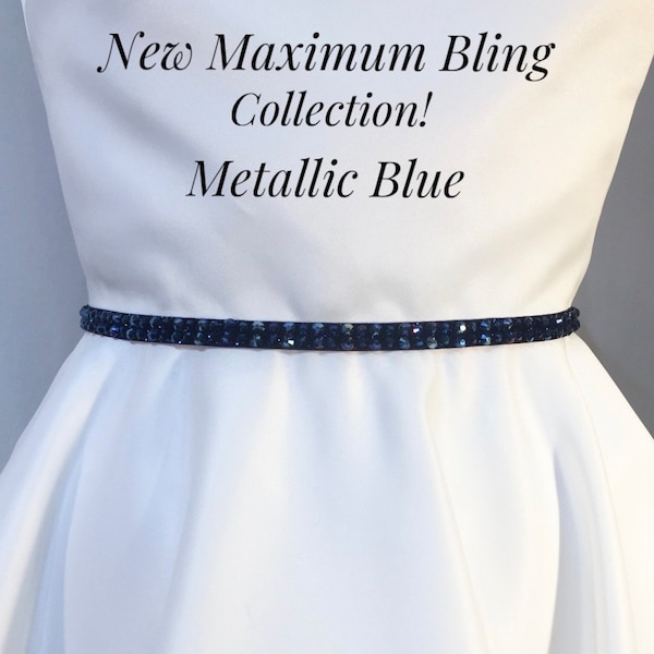 Blue Rhinestone Belt ,3/8” Metallic Blue Rhinestone Stretch Glitter Belt,Special Occasion, Bride,Bridesmaid,MOB belt,Custom Made,Gala.