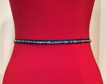 BLACK Rhinestone Sash Belt,Bridesmaid Sash Belt,BLACK Rhinestone Skinny Sash, Wedding Sash,Holiday Party Sash Belt.