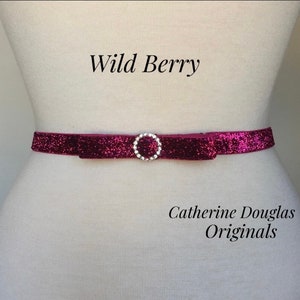 Fuchsia Glitter Bow Belt,5/8”Holiday or Wedding Accessory,Glitter Belt with Rhinestone Center, Glitter Elastic,Bridesmaid,Flower Girl.