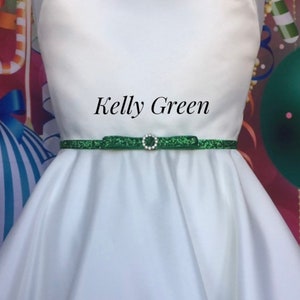 Green Holiday Party Bow Belt,3/8” Kelly Green  Rhinestone Bridal Stretch Belt, Skinny Elastic belt, Bridesmaid Belt.