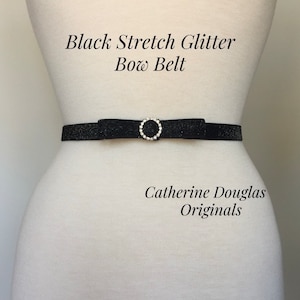 Black Glitter Bow Belt,5/8”Holiday or Wedding Accessory,Glitter Belt with Rhinestone Center, Glitter Elastic,Bridesmaid,Flower Girl.