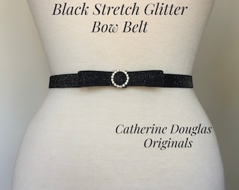 Black Glitter Bow Belt,5/8”Holiday or Wedding Accessory,Glitter Belt with Rhinestone Center, Glitter Elastic,Bridesmaid,Flower Girl.