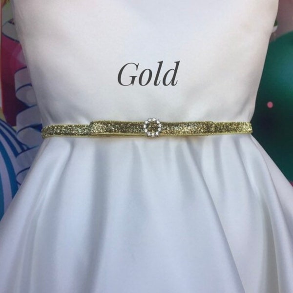 Gold Shimmer Bow Belt, 3/8” Skinny Rhinestone Bridal Stretch Belt, Thin Dress Belt, Skinny Glitter Elastic belt, Bridesmaid Belt.