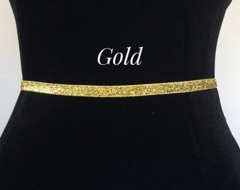 Gold Shimmer Belt,3/8” Bridal Accessory Stretch Glitter Belt,Thin Dress Belt,Skinny Elastic belt, Bridesmaid Belt,Glitter Elastic Belt.