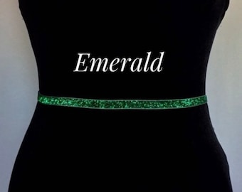 Emerald Green Shimmer Skinny Elastic Belt | Bridal Bridesmaid | Glitter Sash | Thin Dress Belt Wedding Bridal Accessories Prom Belts