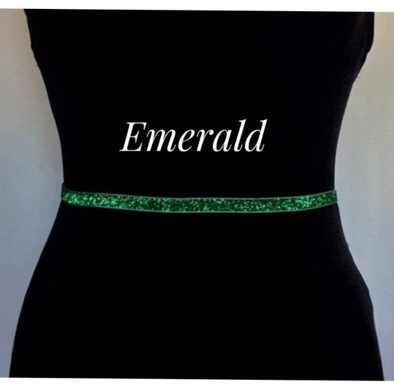 Green Shimmer Party Belt,3/8"Bridal Accessory Stretch Dress Belt,Skinny Glitter Elastic belt, Bridesmaid Belt,Glitter Elastic Belt.EMERALD