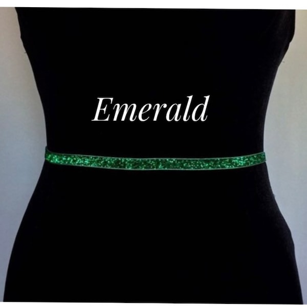 Green Shimmer Party Belt,3/8”Bridal Accessory Stretch Dress Belt,Skinny Glitter Elastic belt, Bridesmaid Belt,Glitter Elastic Belt.EMERALD