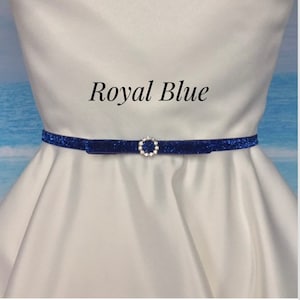 Blue Glitter Belt,3/8” Bridesmaid Stretch Belt, Rhinestone Stretch Glitter Elastic Skinny Bow Belt,Wedding Bow Belt,ROYAL BLUE.