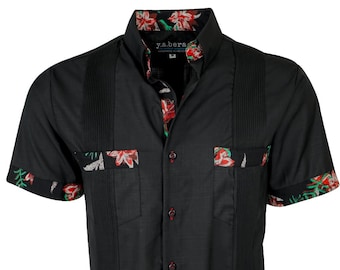 Y.A.Bera Clothing Mens SMALL Guayabera Shirt - Black and Hawaii Accent Guayabera - Luxury Collection - Handmade in Yucatan Mexico