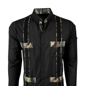 Y.A.Bera Clothing Mens MEDIUM Long Sleeve Guayabera Shirt - Black Lux Blend with Camouflage Accents - Handmade in Yucatan Mexico