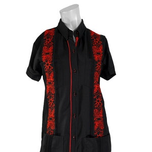 Y.A.Bera Clothing Ladies XS Guayabera Dress - Black with Red Stars Artwork Short Sleeve - Handmade in Yucatan Mexico