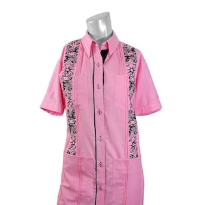 Y.A.Bera Clothing Ladies XS Guayabera Dress - Hot Pink Linen with Black Stars Artwork Short Sleeve - Handmade in Yucatan Mexico