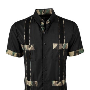 Y.A.Bera Clothing Mens Guayabera Shirt - Negro Camoflage Guayabera - Luxury Collection - Handmade in Yucatan Mexico