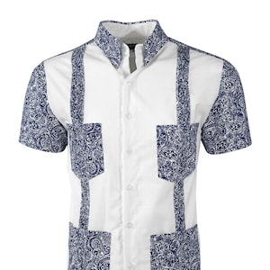 Y.A.Bera Clothing Mens Guayabera Shirt - White & Paisley Short Sleeve Guayabera - Luxury Collection - Handmade in Yucatan Mexico