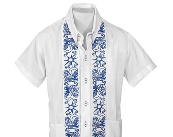 Y.A.Bera Clothing Kids SMALL Guayabera Shirt - White with Royal Blue Stars Artwork Short Sleeve - Handmade in Yucatan Mexico