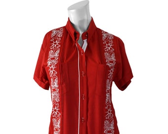 Y.A.Bera Clothing Ladies Guayabera Dress - Cherry Red Linen with White Stars Artwork Short Sleeve - Handmade in Yucatan Mexico