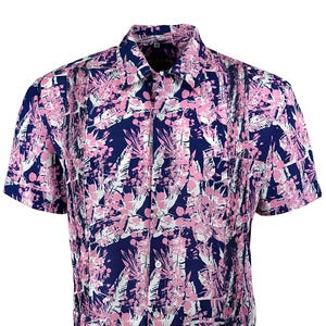 Y.A.Bera Clothing Mens XL Guayabera Shirt - Pink White Royal Blue Palms Short Sleeve Shirt - Handmade in Yucatan Mexico