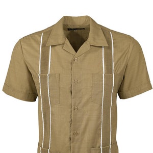 Y.A.Bera Clothing Mens Guayabera Shirt - Khaki with White Accent - Handmade in Yucatan Mexico