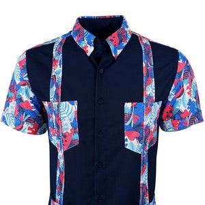 Y.A.Bera Clothing Mens SMALL Guayabera Shirt - Navy Blue Tropical Oasis Guayabera - Handmade in Yucatan Mexico