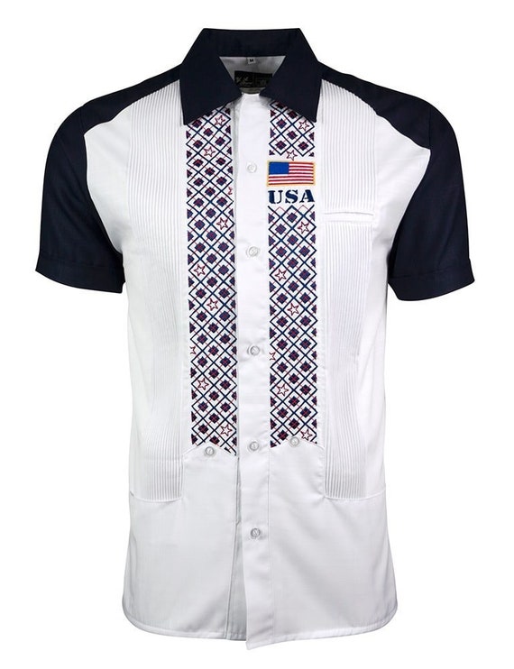 Y.A.Bera Clothing Mens Guayabera Shirt Navy Blue Linen Long Sleeve with White Stars Embroidered Artwork Handmade in Yucatan Mexico