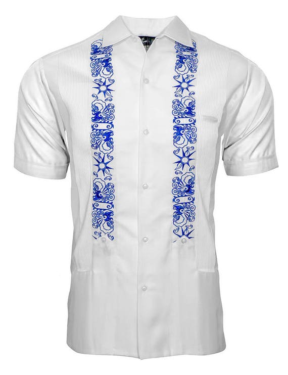 Y.A.Bera Clothing Mens Guayabera Shirt Navy Blue Linen Long Sleeve with White Stars Embroidered Artwork Handmade in Yucatan Mexico