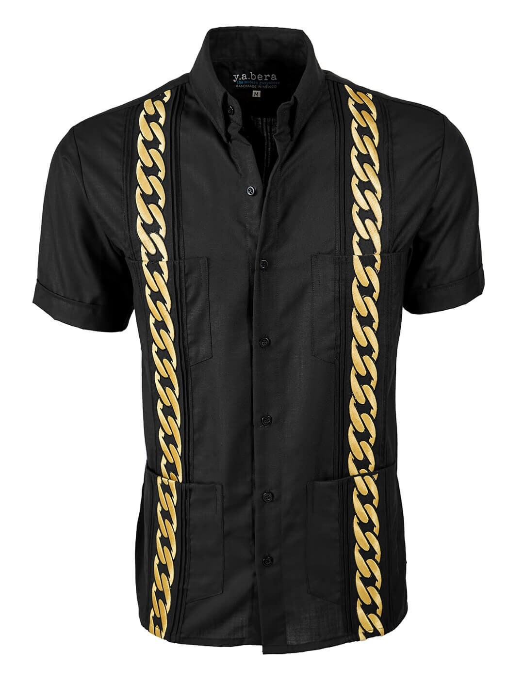 Y.A.Bera Clothing Mens Guayabera Shirt - Black Lux Blend with Gold Cuban Links Artwork - Handmade in Yucatan Mexico