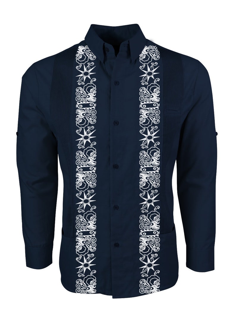 Y.A.Bera Clothing Mens Guayabera Shirt Navy Blue Linen Long Sleeve with White Stars Embroidered Artwork Handmade in Yucatan Mexico