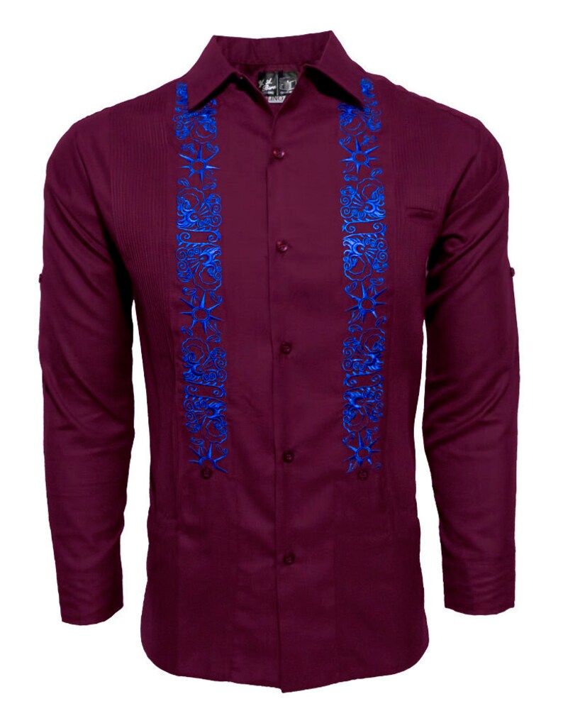 Y.A.Bera Clothing Mens Guayabera Shirt Navy Blue Linen Long Sleeve with White Stars Embroidered Artwork Handmade in Yucatan Mexico