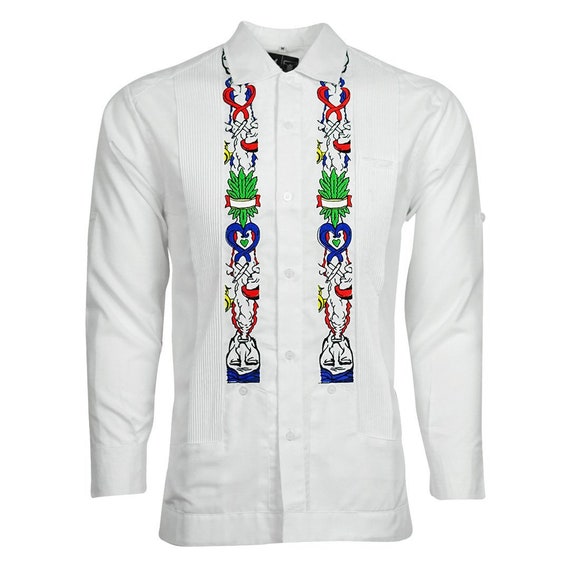 Y.A.Bera Clothing Mens Guayabera Shirt Navy Blue Linen Long Sleeve with White Stars Embroidered Artwork Handmade in Yucatan Mexico