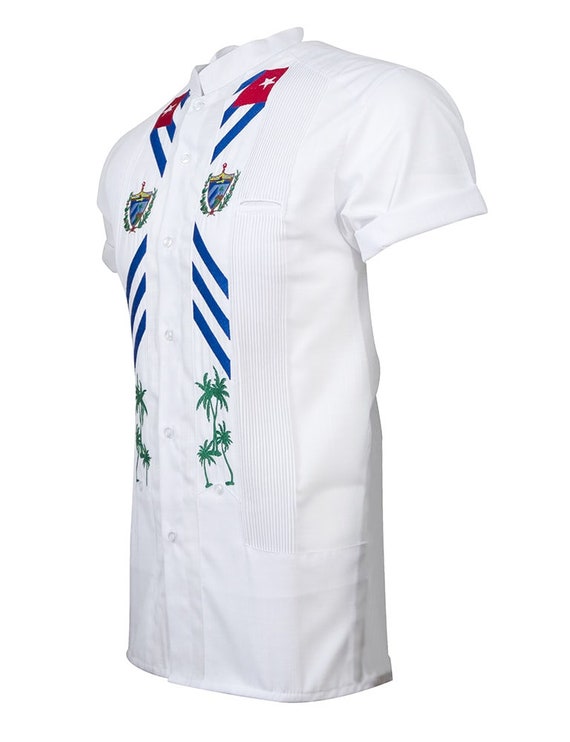 Y.A.Bera Clothing Mens Guayabera Shirt Navy Blue Linen Long Sleeve with White Stars Embroidered Artwork Handmade in Yucatan Mexico