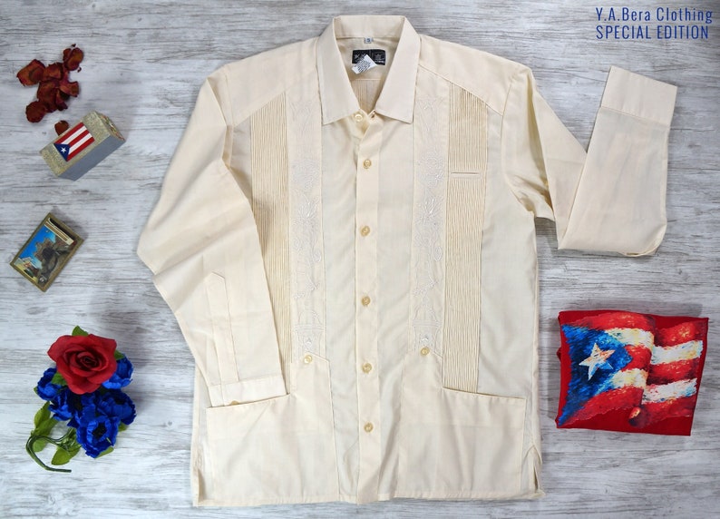 Y A Bera Clothing Mens Guayabera Shirt Ivory With Boricua Artwork Long Sleeve Handmade In Yucatan Mexico Clothing Shirts Tees Datamation Lk