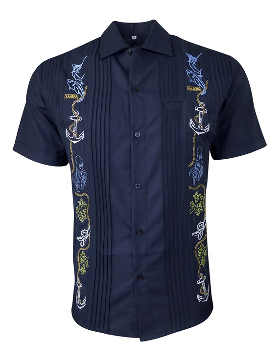Y.A.Bera Clothing Mens Guayabera Shirt Navy Blue Linen Long Sleeve with White Stars Embroidered Artwork Handmade in Yucatan Mexico