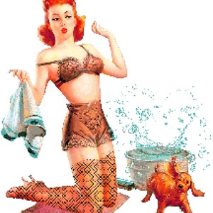 Bathing the Dog Retro Pin Up Girl Instant Download PDF Cross Stitch Pattern