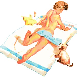 Beach Bums Retro Pin Up Girl and Dog Instant Download PDF Cross Stitch Pattern
