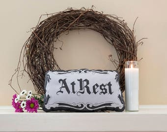At Rest - Casket Plate Inspired Mini Pillow - Handmade Plush Throw Pillow - Horror Inspired Home Decor - Killin Me Softly