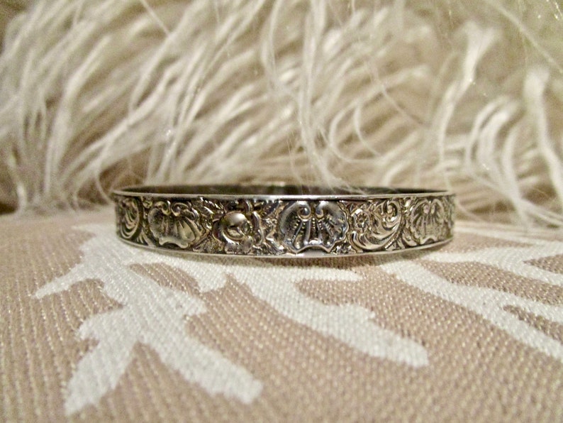 Vintage Hawaiian Sterling Bangle Bracelet with Sea Shells Ocean Waves Plumeria Pattern