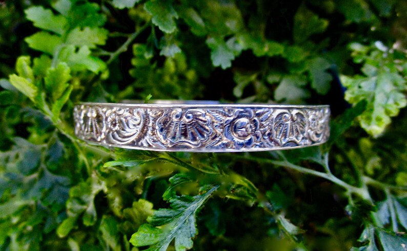 Vintage Hawaiian Sterling Bangle Bracelet with Sea Shells Ocean Waves Plumeria Pattern