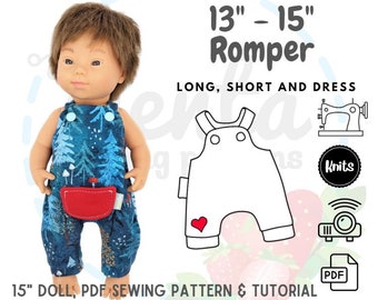 Doll Romper and Dress PDF Sewing Pattern 13 and 15 inches Tutorial Projector Miniland Minikane Paola Reina Mini Coletto DIY knit fabric