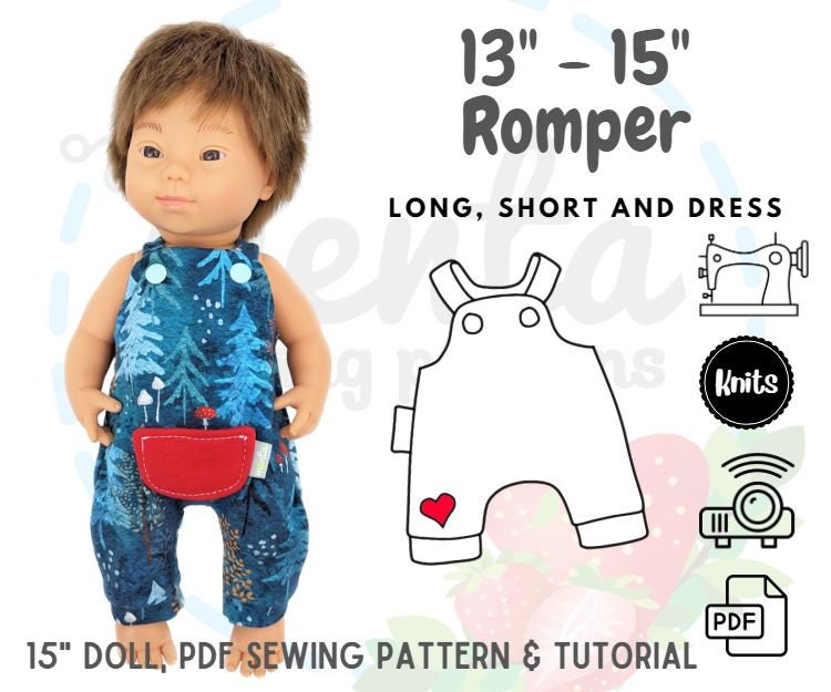 Doll Romper and Dress PDF Sewing Pattern 13 and 15 inches Tutorial Projector Miniland Minikane Paola Reina Mini Coletto DIY knit fabric