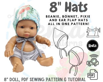 Doll Hats Bonnet Pixie Ear Flap PDF Sewing Pattern 8 inches 21cm Tutorial Projector Miniland DIY knit fabric