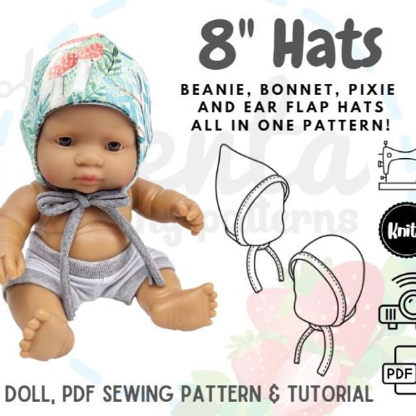 Doll Hats Bonnet Pixie Ear Flap PDF Sewing Pattern 8 inches 21cm Tutorial Projector Miniland DIY knit fabric