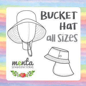 Op de afbeelding: Een zwart-witte lijntekening van een bucket hat naaipatroon. Het patroon bevat twee weergaven van de hoed, een met de kroon en de rand en de andere met alleen de rand. De tekst "BUCKET Hat all sizes" staat in grote letters boven het patroon.