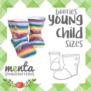 May include: A sewing pattern for booties for young children. The pattern includes a colorful striped bootie with stars and a black and white line drawing of the bootie.