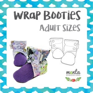 May include: A pair of purple and floral wrap booties for adults. The booties are made of fabric and have a soft, knitted lining. The image also includes a line drawing of the booties.