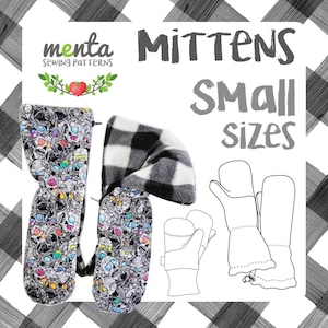 May include: A sewing pattern for mittens in small sizes. The pattern includes a black and white checked fabric and a colourful skull print fabric. The pattern is for a mitten with a fold-over cuff.