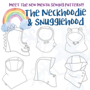 May include: Line drawing illustrations of six different neck hoodie sewing patterns. The patterns include a dinosaur hood, a simple hood, a hood with ears, a hood with a flap, a hood with a pointed flap, and a hood with a rounded flap.